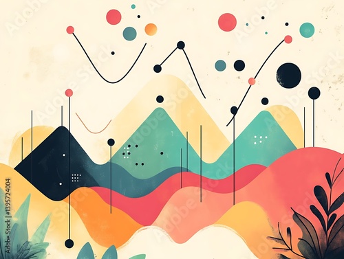 Obraz na płótnie Abstract landscape with layered, colorful hills and data points. w salonie