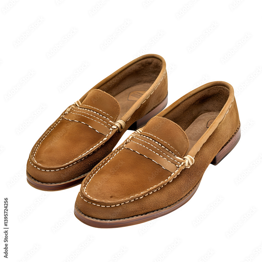 A pair of suede loafers with a stitched sole, isolated on a transparent background. A pair of suede loafers with a stitched sole, isolated on a transparent background.