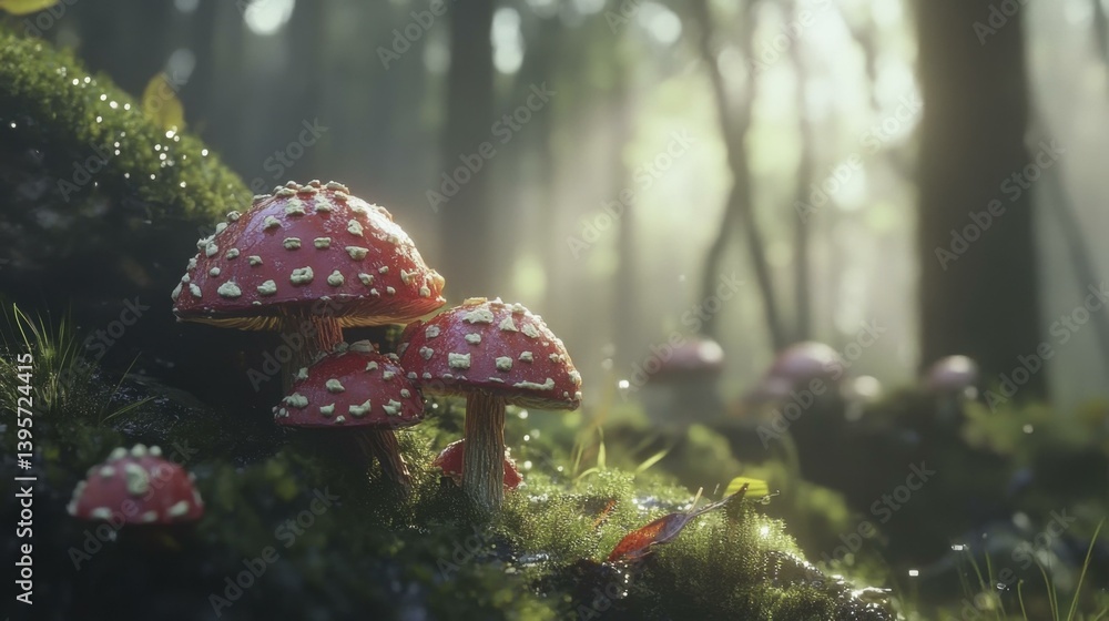 Fototapeta premium Fly Agaric Mushrooms Cluster in Misty Forest Woodland with Moss and Dewdrops