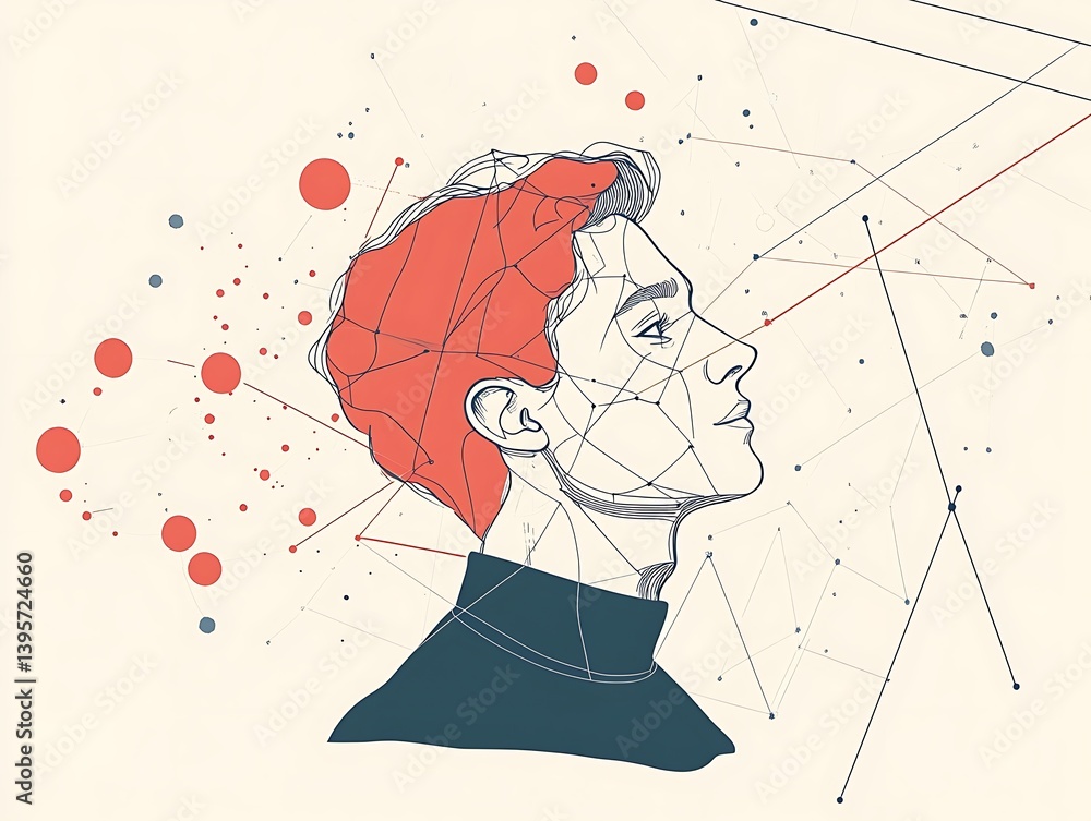 A contemplative profile portrait, showcasing a man's thoughts and connections in a modern abstract style.