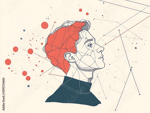 A contemplative profile portrait, showcasing a man's thoughts and connections in a modern abstract style.