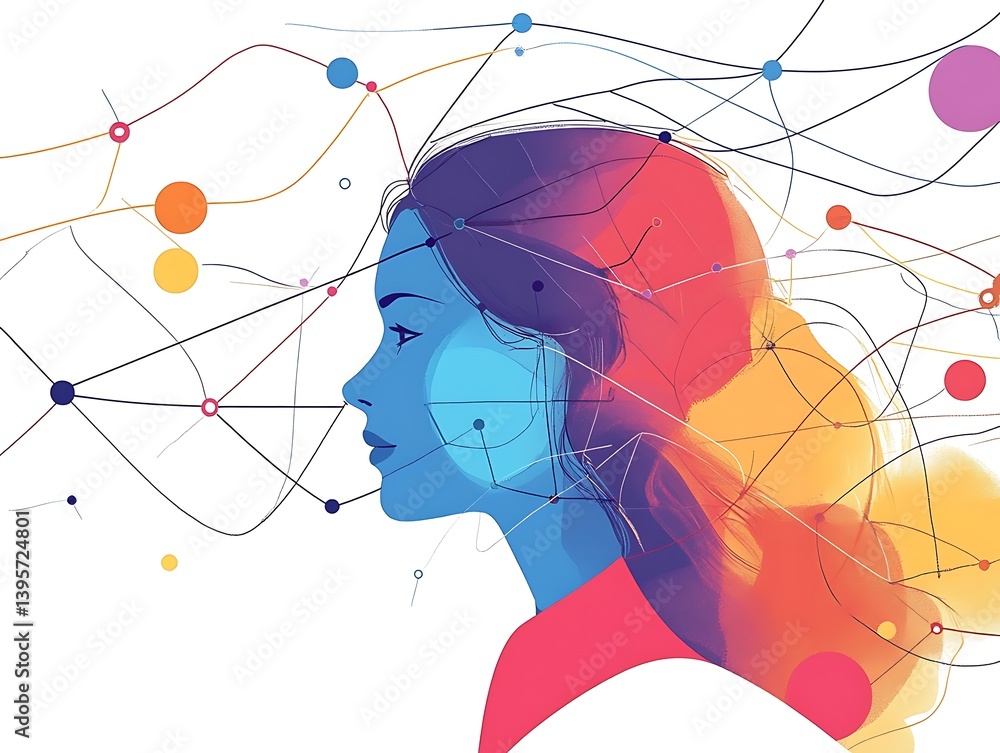 A vibrant illustration of a woman's profile, connected by an intricate network of lines and dots, symbolizing the complex interplay of thoughts and ideas.