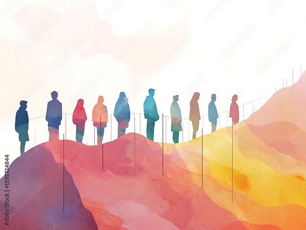 A line of people standing on a colorful, rising hill.