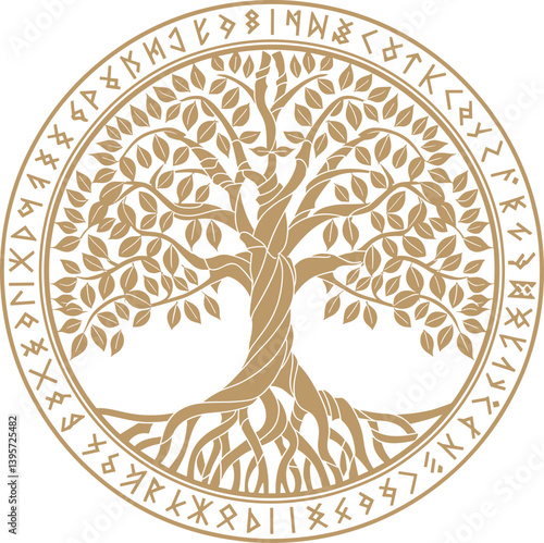 Viking design. World Tree from Scandinavian mythology - Yggdrasil and Celtic pattern, frame. Drawn in Old Norse Celtic style, isolated on black, vector illustration