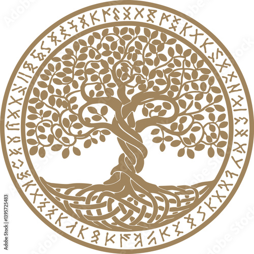 Viking design. World Tree from Scandinavian mythology - Yggdrasil and Celtic pattern, frame. Drawn in Old Norse Celtic style, isolated on black, vector illustration