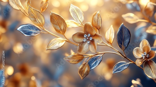 Close-up of orange autumn leaves on branches with a blurred blue background