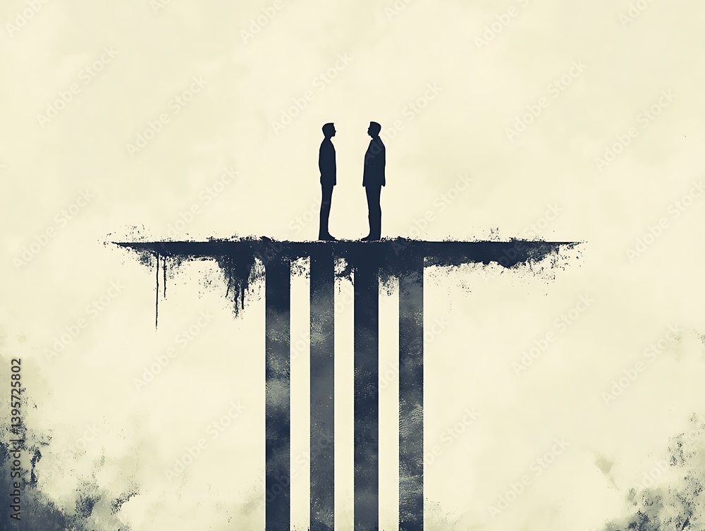 Two figures standing apart on a precarious, fragmented platform.
