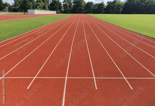 Professional Red Running Track with Multiple Lanes in Natural Setting