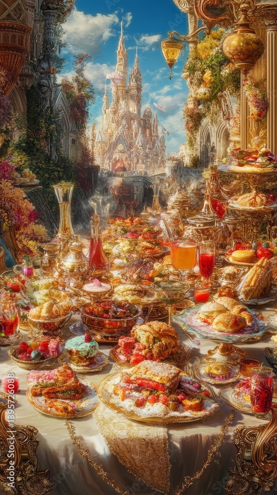 Fototapeta premium Abundant food on a table with a castle in the background.