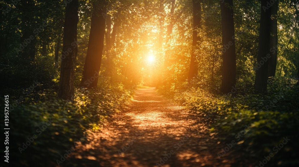Fototapeta premium Sunlight illuminating path through trees in forest; green foliage, natural background