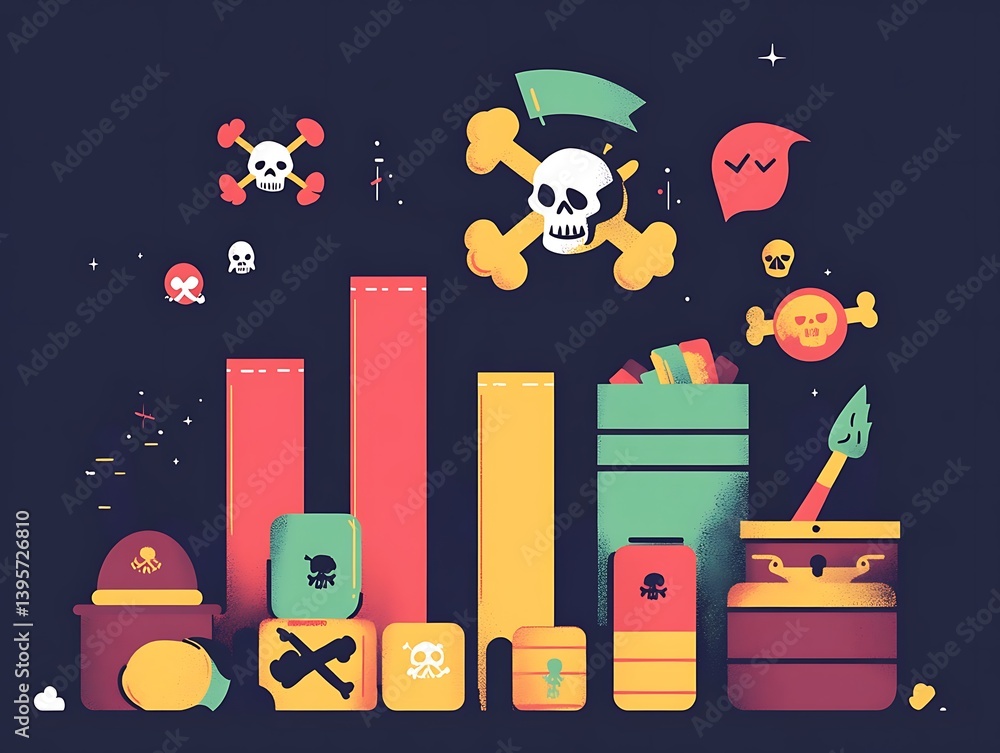 A colorful pirate-themed collection of dangerous items.