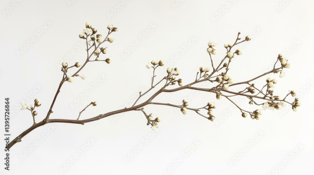 Delicate twig with unopened flower buds on white surface Delicate twig with unopened flower buds on white surface