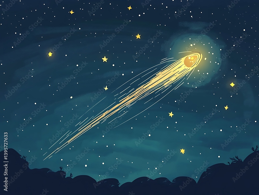 A luminous comet streaks across a star-studded night sky.