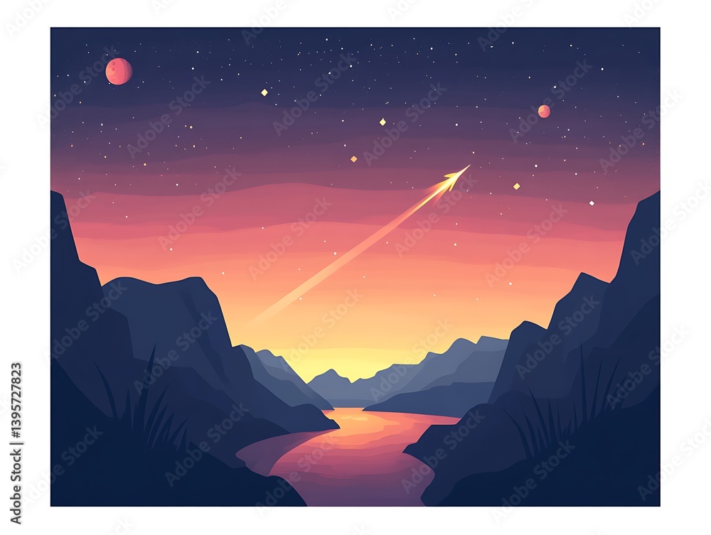A vibrant sunset landscape, with a rocket ship soaring into the starry night sky.