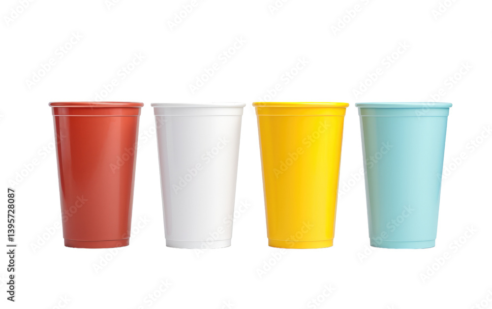 Vibrant colorful plastic cups in red white yellow and blue against a black background showcasing clean design and simple Vibrant colorful plastic cups in red white yellow and blue against a black background showcasing clean design and simple