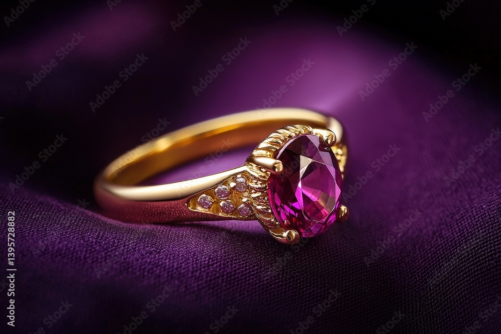 Jewelry with gemstones luxury gold ring with Adelaide Ruby on a dark violet background Jewelry with gemstones luxury gold ring with Adelaide Ruby on a dark violet background