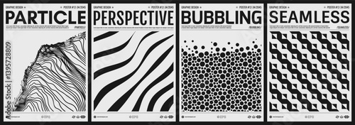 Cover design template. Wavy pattern with optical illusion. Abstract striped background. Array with dynamic emitted particles. Black and white. Vector for brochure, poster, card, flyer or banner.