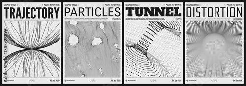 Spider web torn. An array with dynamic particles. Texture. 3D grid surface. Abstract background. Tunnel. Black and white cover design template. Vector for brochure, poster, presentation, flyer, etc.