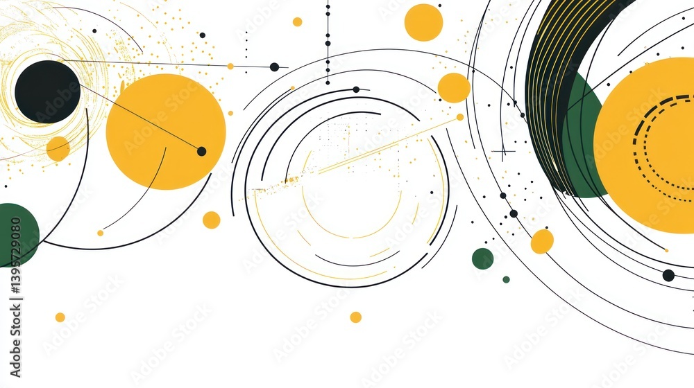 Obraz premium Abstract swirling digital art; yellow, green circles; white background; website header