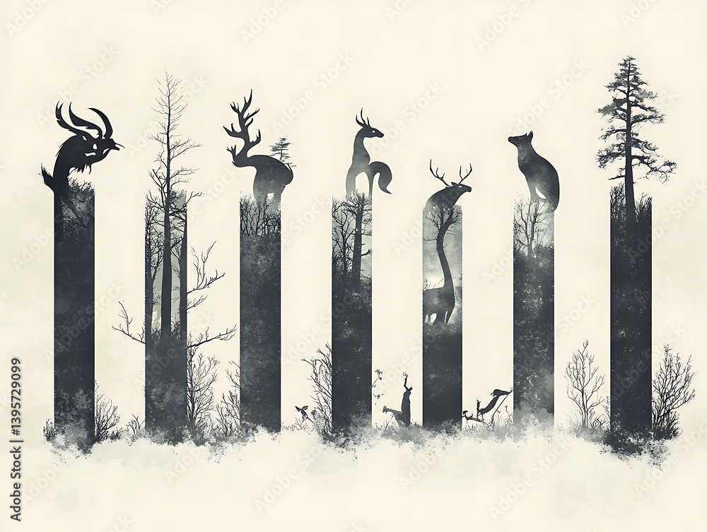 Silhouettes of animals and trees within vertical columns, evoking a sense of nature and solitude.