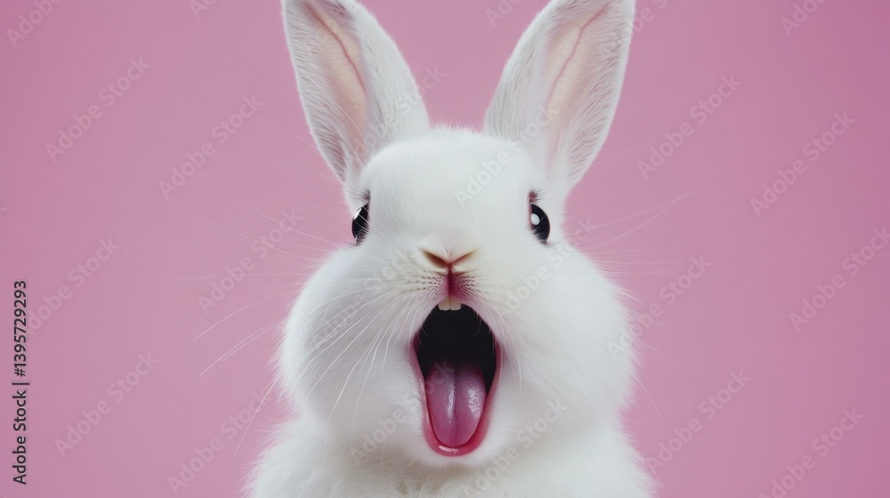Funny close-up portrait of white rabbit with wide open mouth showing pink tongue and teeth on plain pink background Funny close-up portrait of white rabbit with wide open mouth showing pink tongue and teeth on plain pink background