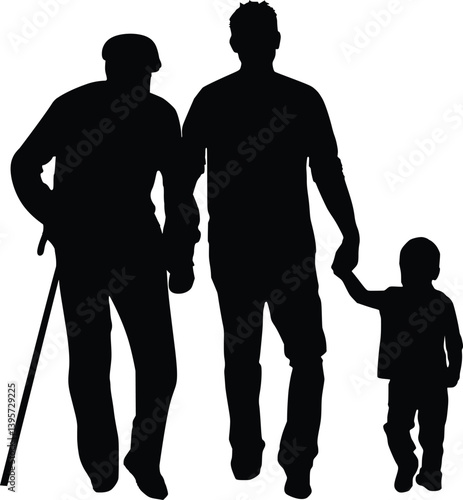 grandparents walking with granddaughter Silhouette vector Illustration.