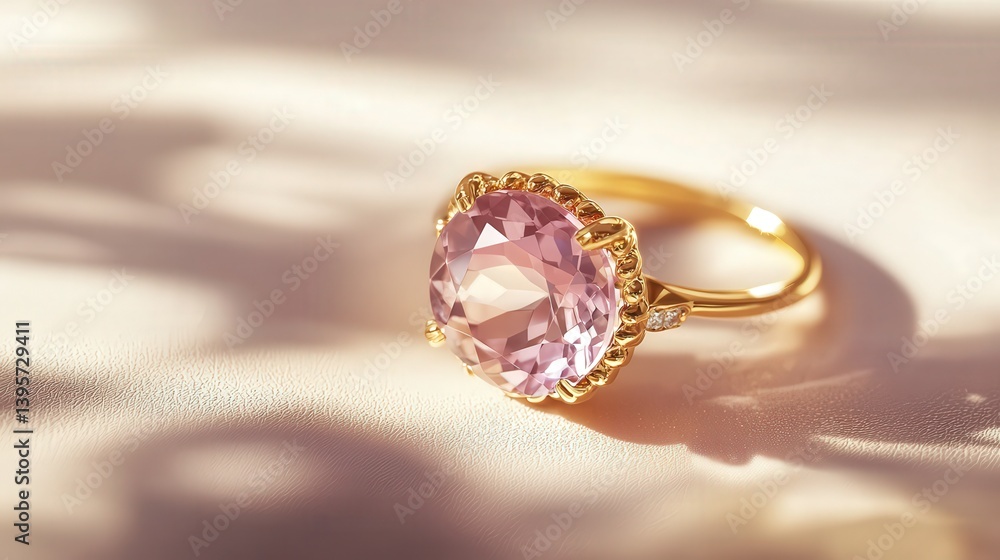 Jewelry with gemstones luxury gold ring with Rose Quartz on a beige background Jewelry with gemstones luxury gold ring with Rose Quartz on a beige background