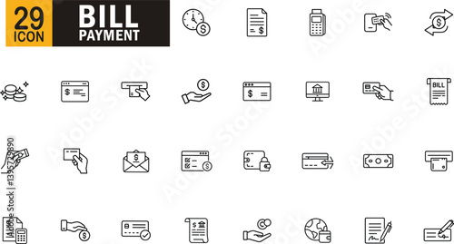 Bill payment outline icon set. Finance, transaction, credit, invoice, and online banking symbols.