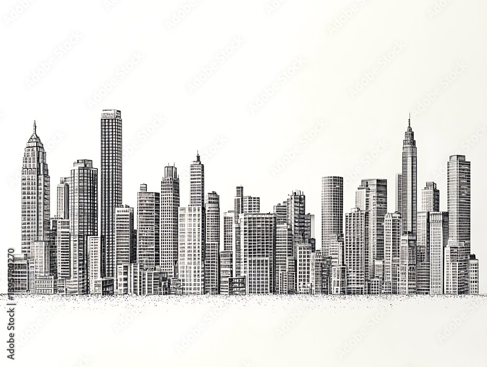 A detailed pen-and-ink drawing of a modern city skyline.