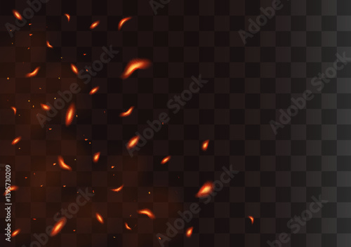Hot flame with flying sparks, ash, embers on a black background. Vector illustration for your creative design. Eps 10