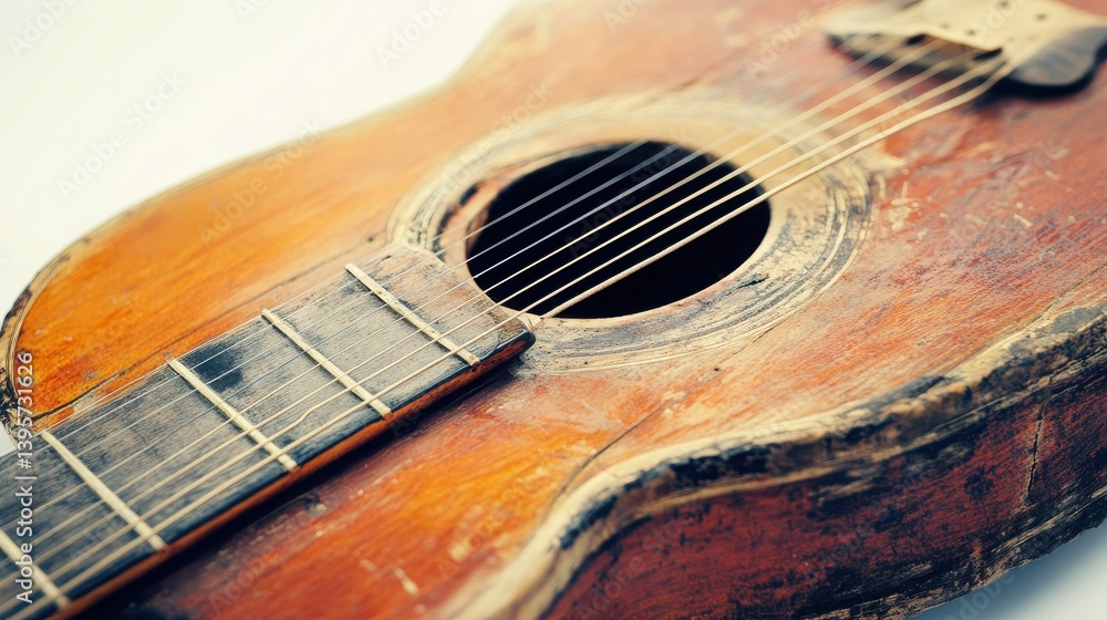 Obraz premium Close-up of rustic acoustic guitar, isolated on white background