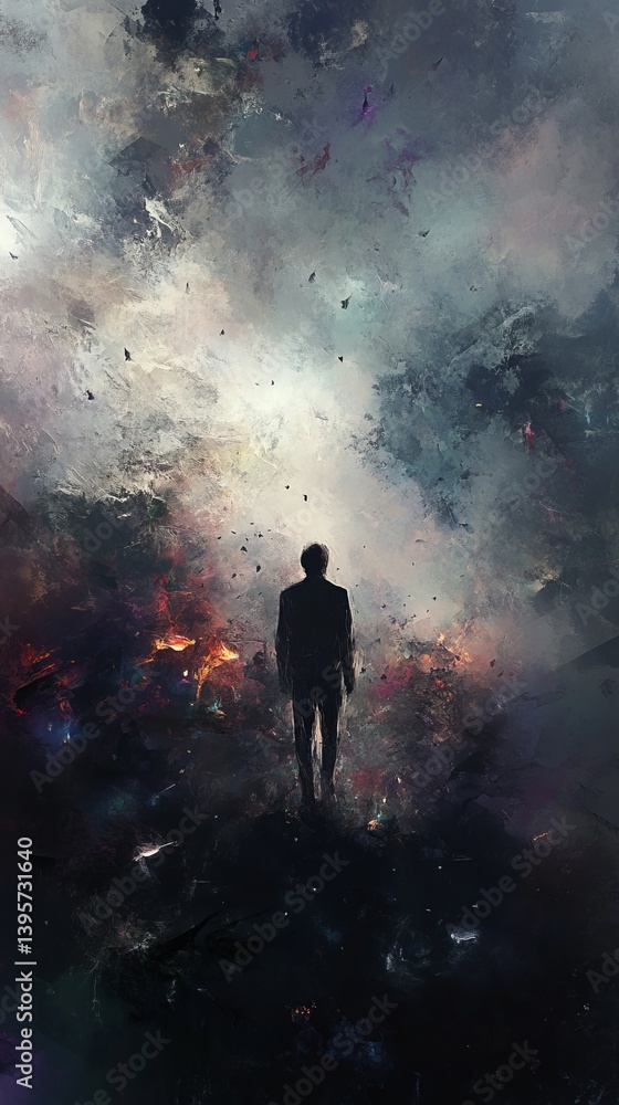 Fototapeta premium Silhouette of a person standing against a cosmic background with stars and nebula.