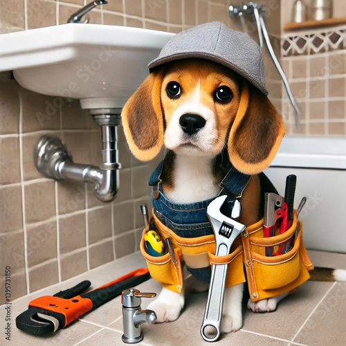 Adorable beagle puppy dressed as plumber with tool belt in bathroom.