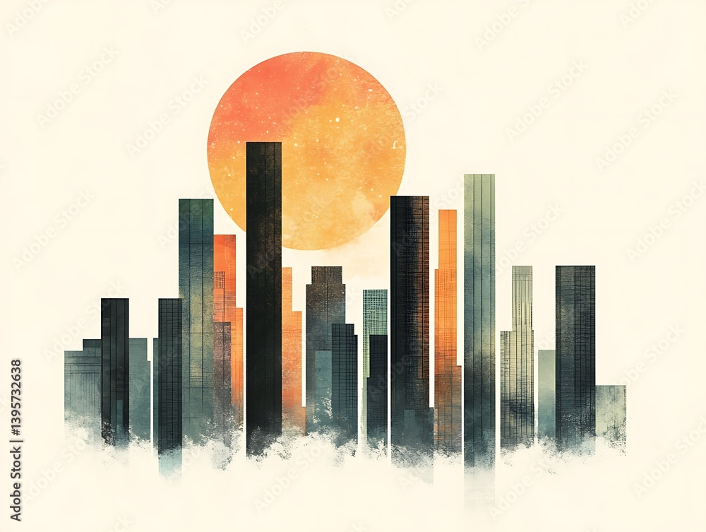A minimalist cityscape illustration featuring towering buildings and a large, orange sun.