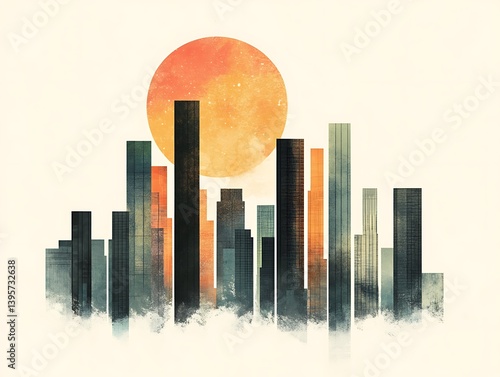 Obraz na płótnie A minimalist cityscape illustration featuring towering buildings and a large, orange sun. w salonie