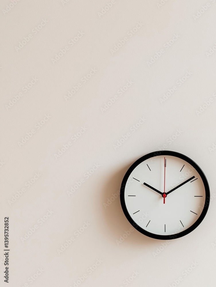 Photograph of a round clock hanging on a plain white wall. the clock has a black frame and a white face with red hands. Photograph of a round clock hanging on a plain white wall. the clock has a black frame and a white face with red hands.