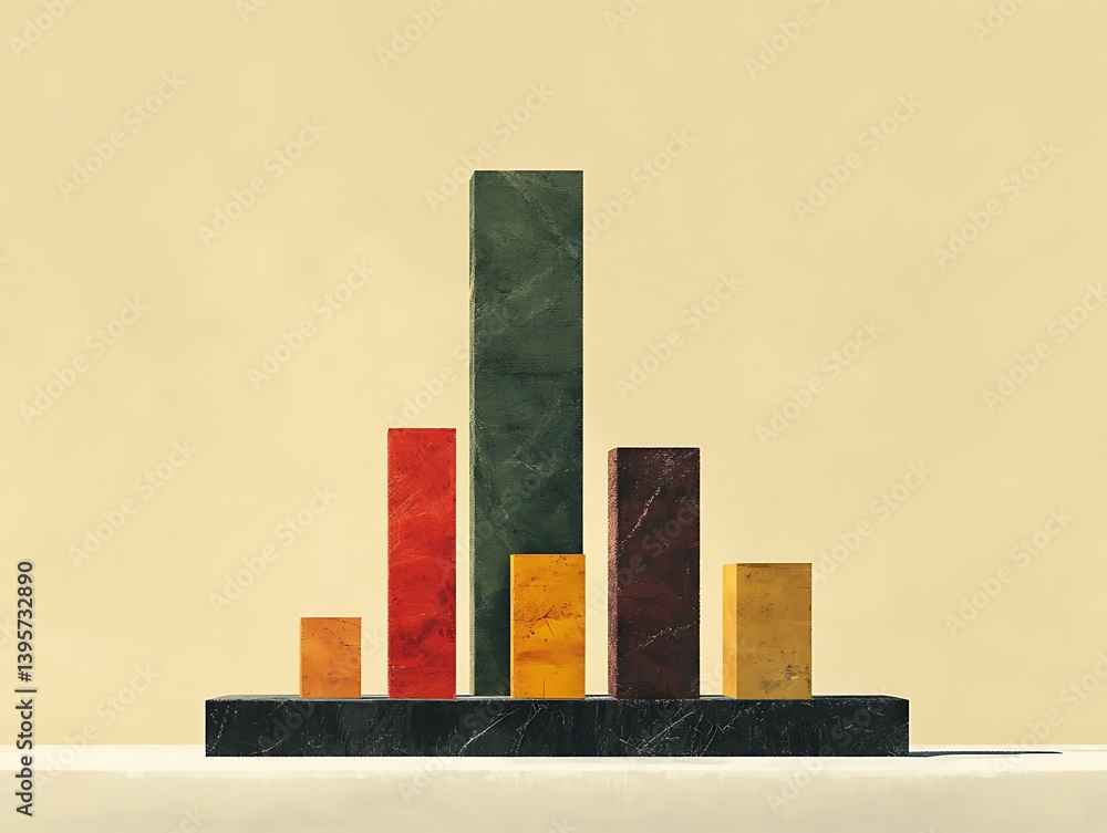 A bar graph composed of colored rectangular blocks, visually representing growth and progress.