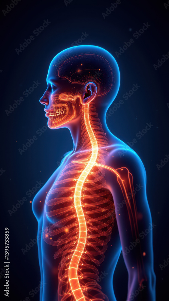 VNS - Vagus Nerve Stimulation; side-by-side illustration of human torso with visible nervous system. VNS - Vagus Nerve Stimulation; side-by-side illustration of human torso with visible nervous system.
