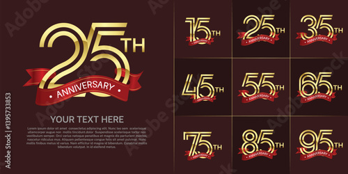 Anniversary logo set with double line number style. gold color with red ribbon can be use for special moment