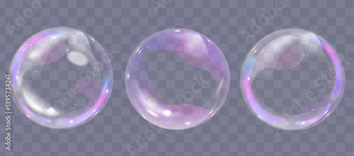 Colorful soap bubbles on a transparent background. Bright, dreamy bubbles with a rainbow gradient effect. Realistic soap bubble element vector set. Vector