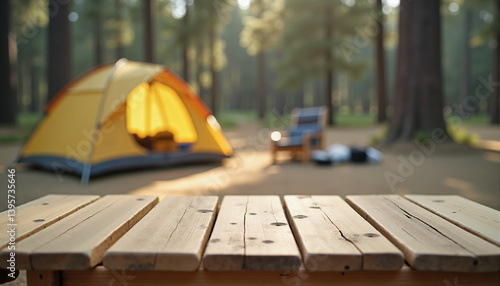Wallpaper Mural light brown wooden table against yellow camping tent background Torontodigital.ca