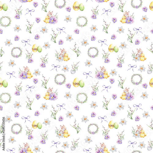 Pattern with a baby rabbit and a duckling hugging, colorful eggs, bouquets of snowdrops, willows and violets, daffodils, wreaths and bows on a white background.