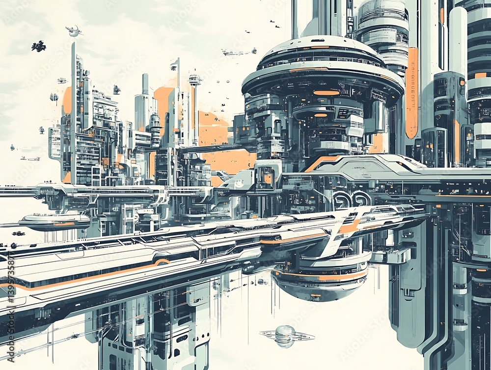 A futuristic cityscape of interconnected floating structures.