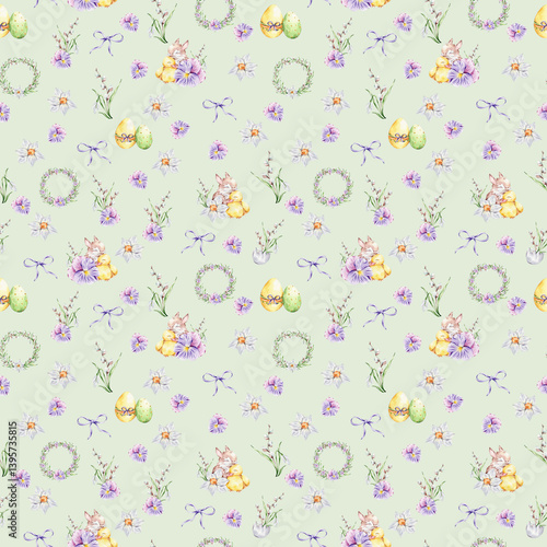 Pattern with a baby rabbit and a duckling hugging, colorful eggs, bouquets of snowdrops, willows and violets, daffodils, wreaths and bows on a green background.