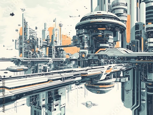 Obraz na płótnie A futuristic cityscape of interconnected floating structures. w salonie