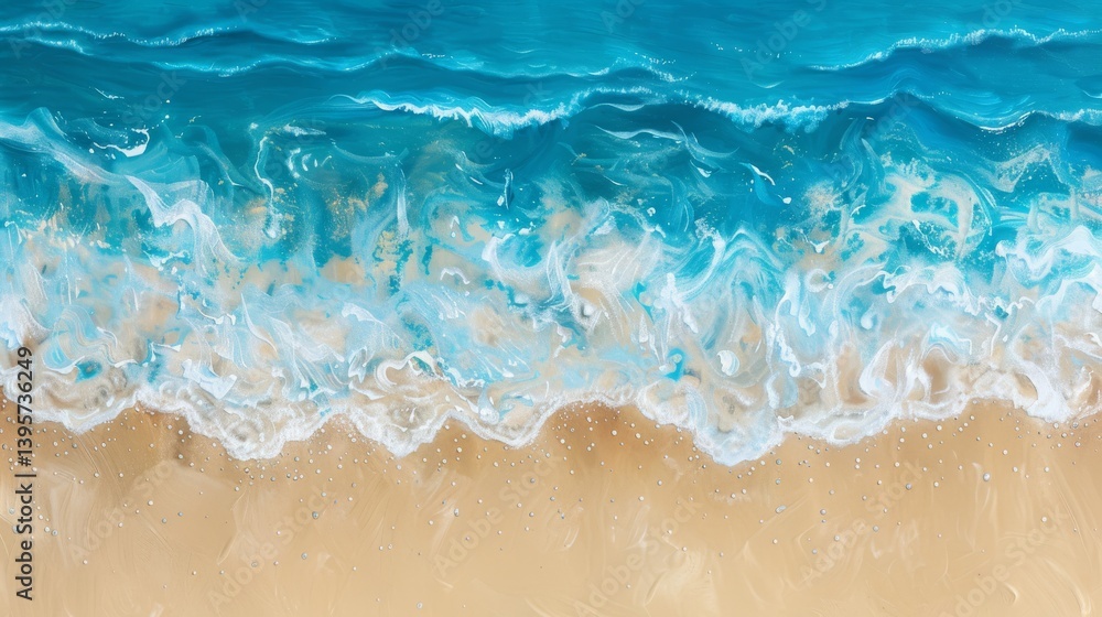 A top-down view of the ocean, showing turquoise water and white foam A top-down view of the ocean, showing turquoise water and white foam