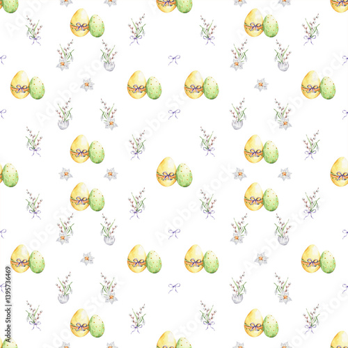 Pattern with a colorful eggs and a bouquets of snowdrop, willows and daffodil on a white background.