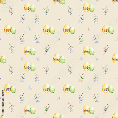Pattern with a colorful eggs and a bouquets of snowdrop, willows and daffodil on a yellow background.