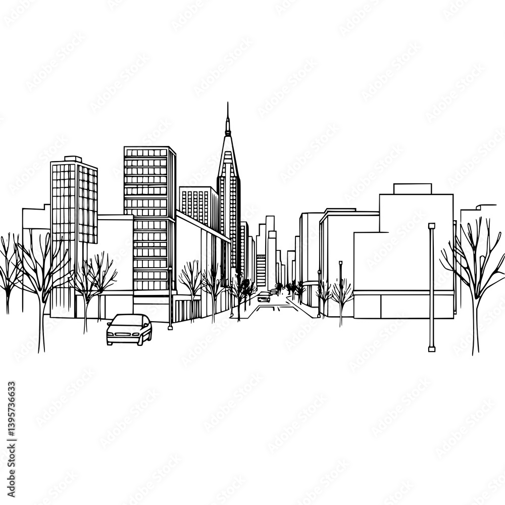 Obraz premium Urban Silhouette: A minimalist line drawing captures the essence of a city skyline. Sleek buildings and architectural elements define the urban landscape.