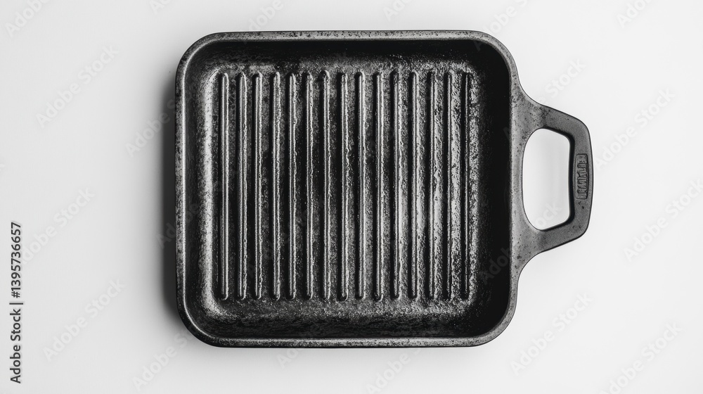Square black cast iron grill pan with handle, isolated on white background. Square black cast iron grill pan with handle, isolated on white background.